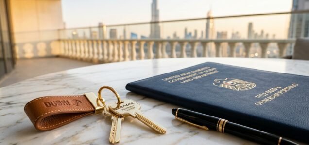 Dubai Land Department title deed portfolio, luxury keys and purchase contract on marble desk