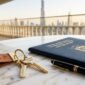 Dubai Land Department title deed portfolio, luxury keys and purchase contract on marble desk