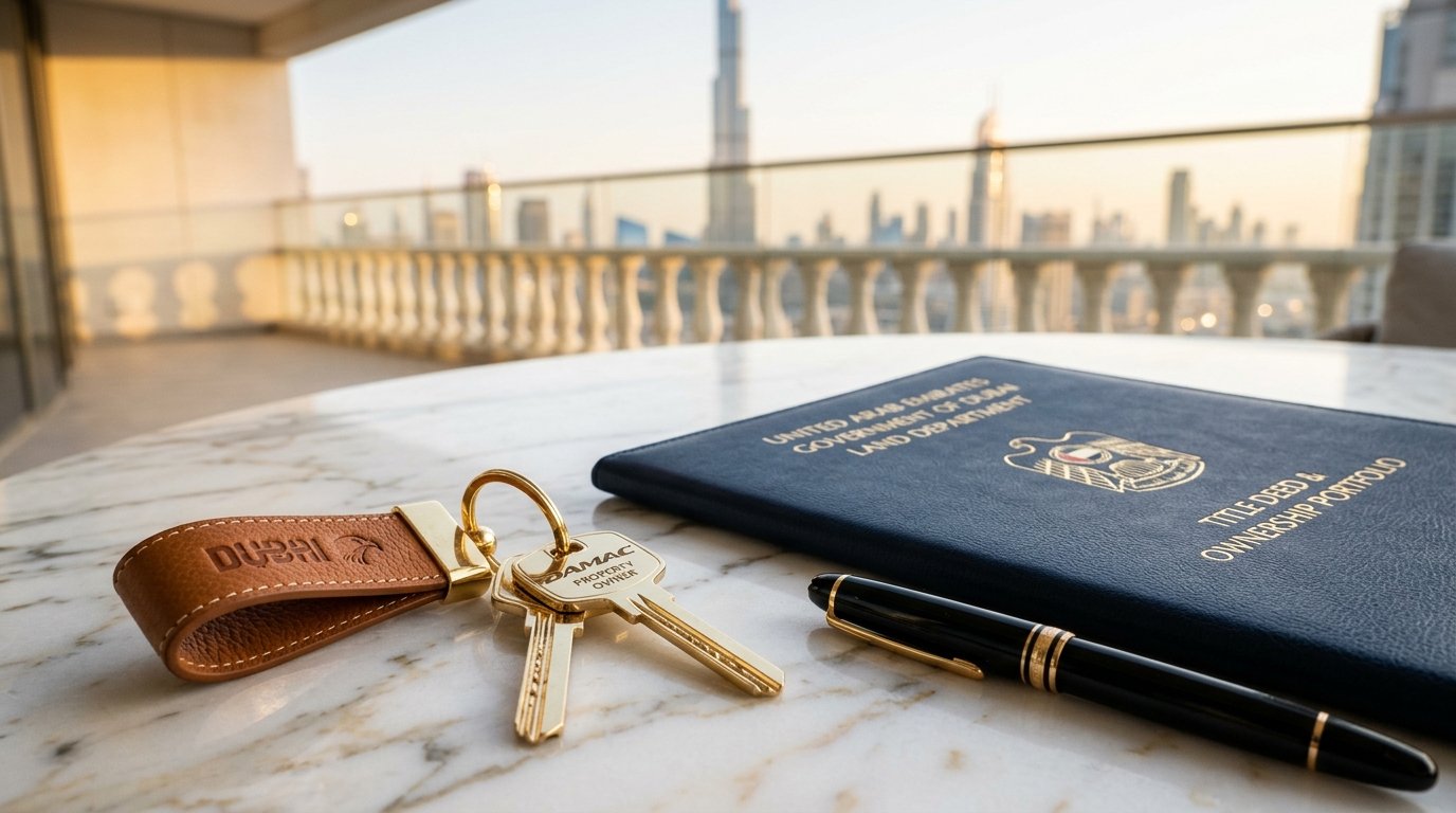 Dubai Land Department title deed portfolio, luxury keys and purchase contract on marble desk