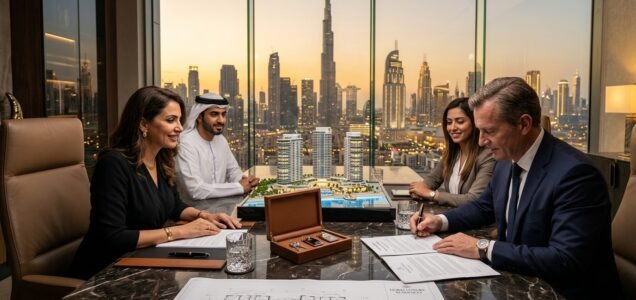Luxury real estate closing and contract signing for off-plan property resale in Dubai with Burj Khalifa skyline view