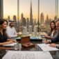 Luxury real estate closing and contract signing for off-plan property resale in Dubai with Burj Khalifa skyline view