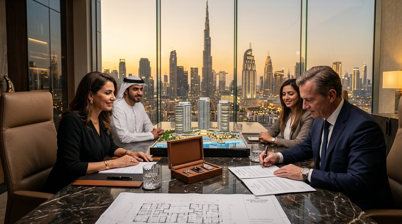 Luxury real estate closing and contract signing for off-plan property resale in Dubai with Burj Khalifa skyline view