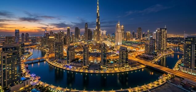 Dubai skyline at dusk with Burj Khalifa and Dubai Canal reflecting city lights, representing Dubai real estate market stability and economic growth