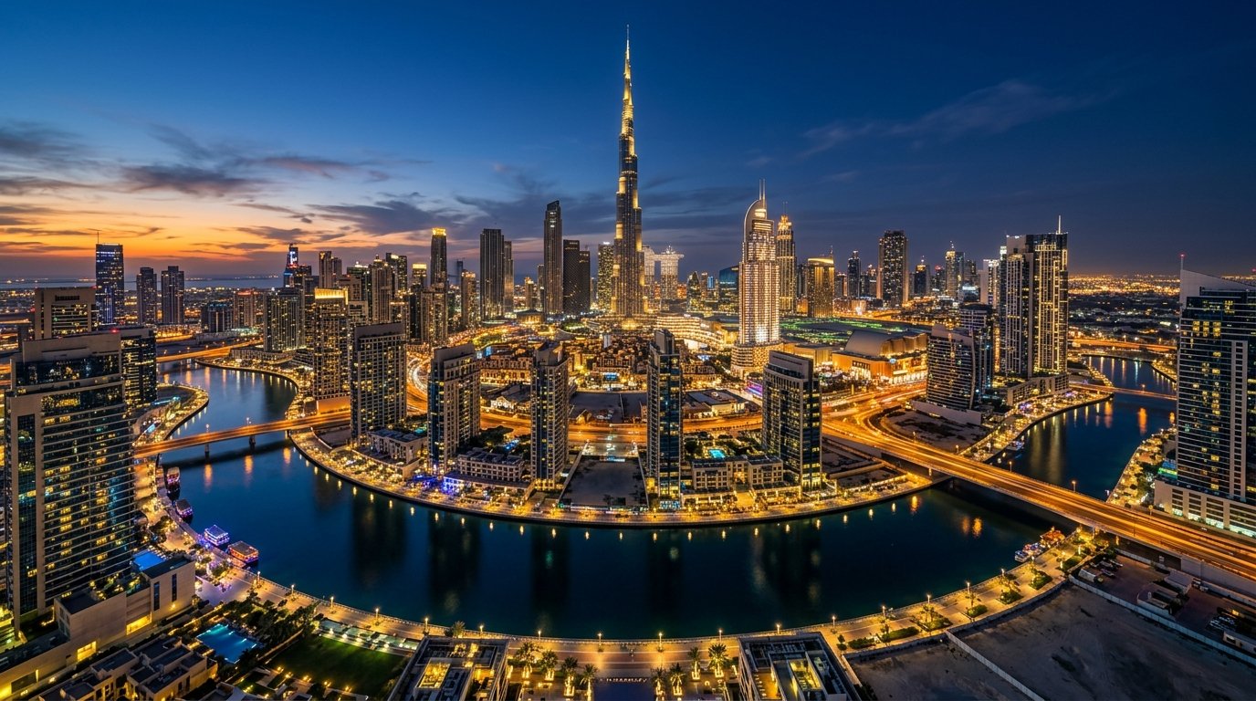 Dubai skyline at dusk with Burj Khalifa and Dubai Canal reflecting city lights, representing Dubai real estate market stability and economic growth