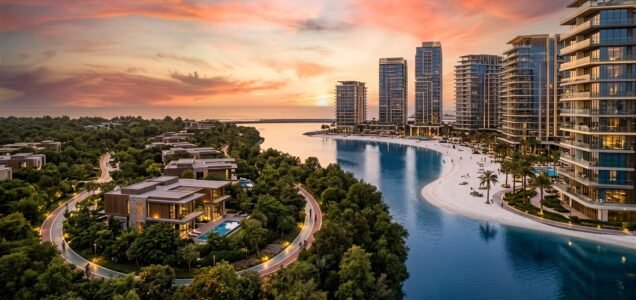 Masaar Arada luxury forest villas and Alef Seef coastal beachfront apartments in Sharjah at sunset
