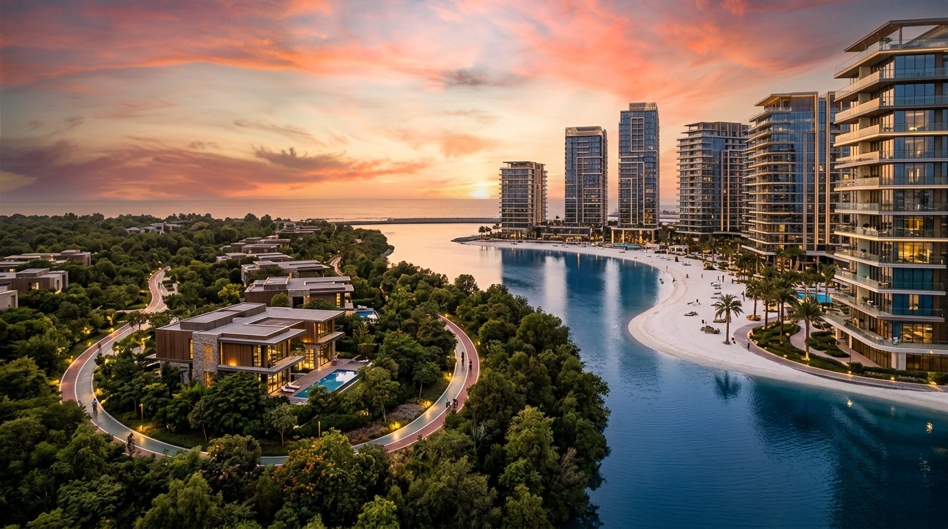 Masaar Arada luxury forest villas and Alef Seef coastal beachfront apartments in Sharjah at sunset