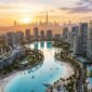 Aerial rendering of Meydan Horizon crystal lagoon and luxury residential towers in MBR City Dubai.