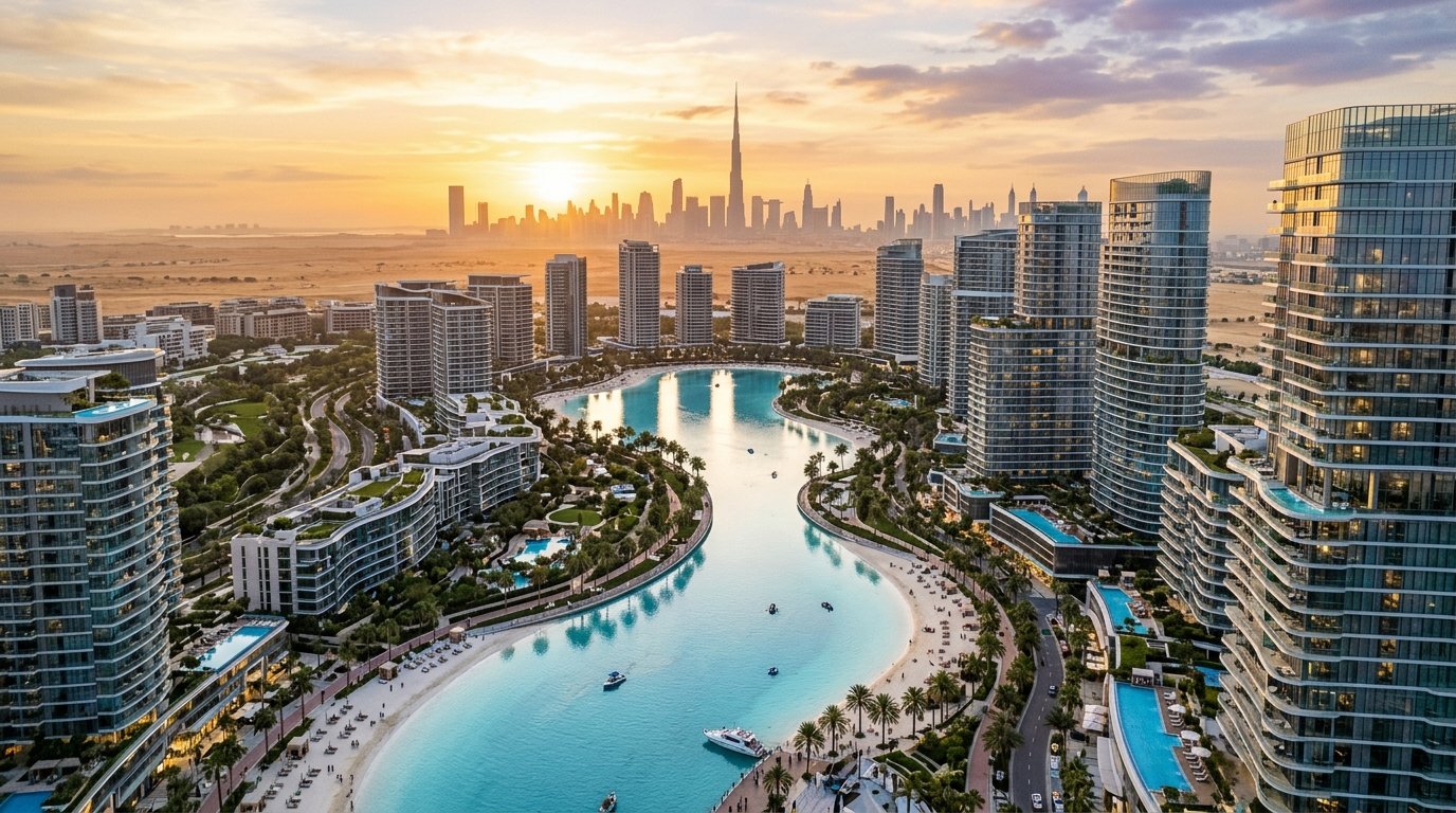 Aerial rendering of Meydan Horizon crystal lagoon and luxury residential towers in MBR City Dubai.