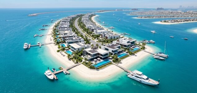Spectacular aerial view of Palm Jebel Ali frond featuring ultra-luxury modern beachfront villas and crystal waters