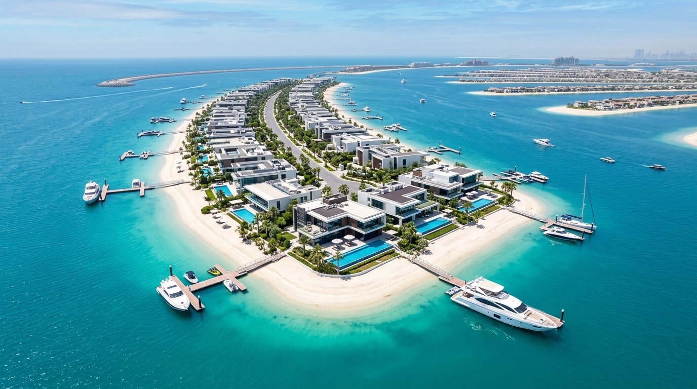 Spectacular aerial view of Palm Jebel Ali frond featuring ultra-luxury modern beachfront villas and crystal waters