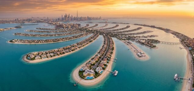 Aerial view of Palm Jebel Ali archipelago by Nakheel with luxury beachfront mansions, turquoise lagoons, and private beaches at sunset