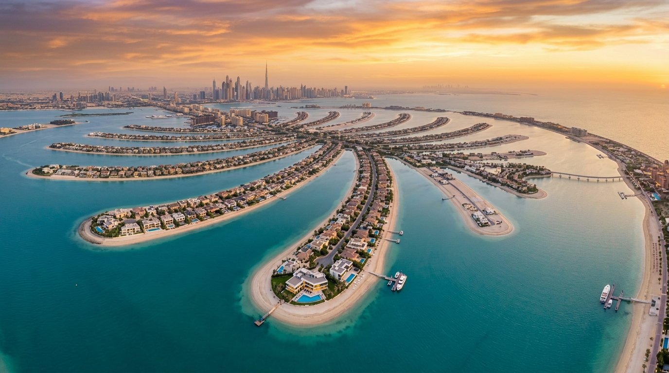 Aerial view of Palm Jebel Ali archipelago by Nakheel with luxury beachfront mansions, turquoise lagoons, and private beaches at sunset
