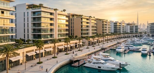Luxury contemporary waterfront residences overlooking superyachts at Rashid Yachts and Marina by Emaar.