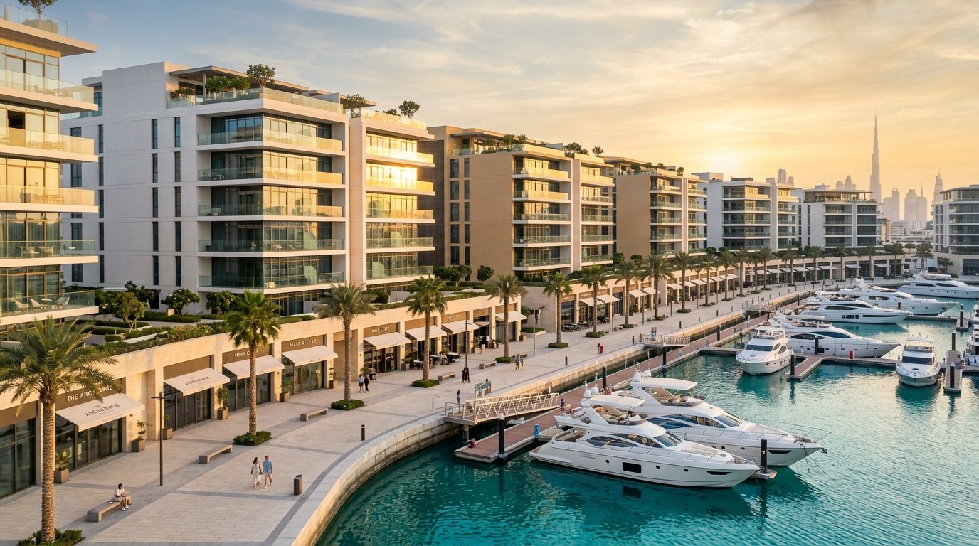 Luxury contemporary waterfront residences overlooking superyachts at Rashid Yachts and Marina by Emaar.