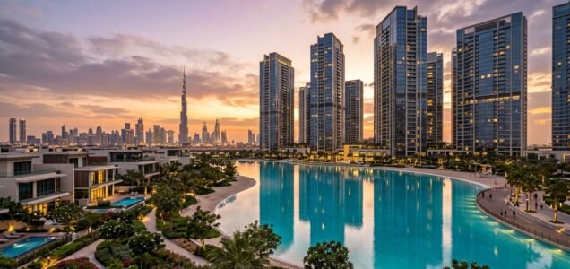 Sobha Hartland 2 crystal lagoon and luxury high-rise towers reflecting Downtown Dubai skyline at sunset