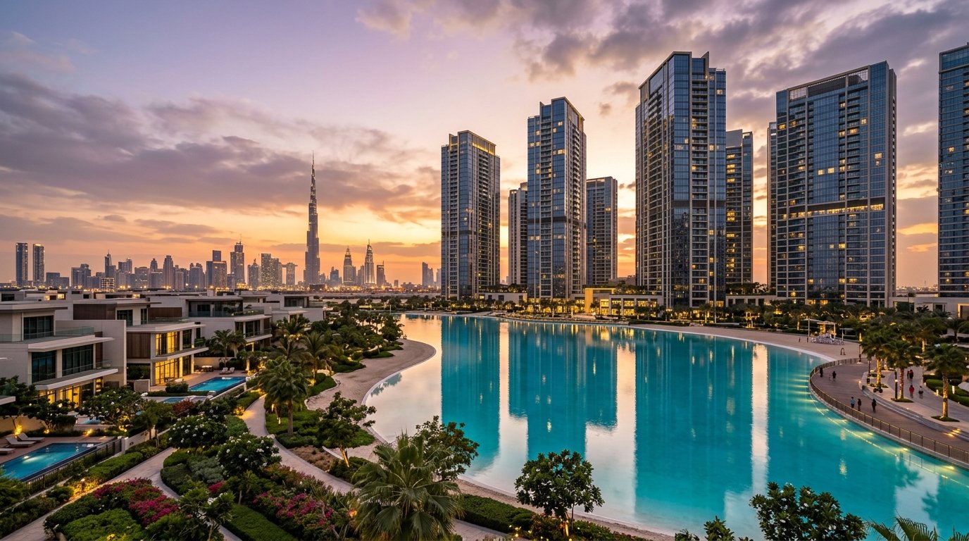 Sobha Hartland 2 crystal lagoon and luxury high-rise towers reflecting Downtown Dubai skyline at sunset