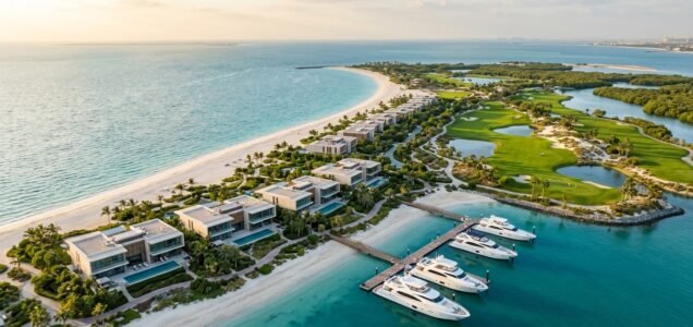 Aerial view of Sobha Siniya Island luxury natural island masterplan with beachfront villas and marina in the UAE.
