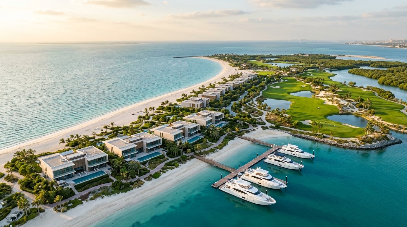 Aerial view of Sobha Siniya Island luxury natural island masterplan with beachfront villas and marina in the UAE.