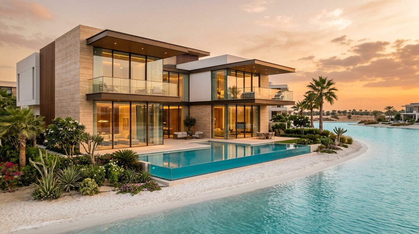 Ultra-luxury modern villa at The Oasis by Emaar Dubai with infinity pool and swimmable lagoon.