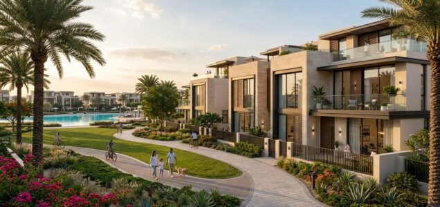 Modern minimalist family townhouses and park in The Valley Phase 2 by Emaar Dubai.