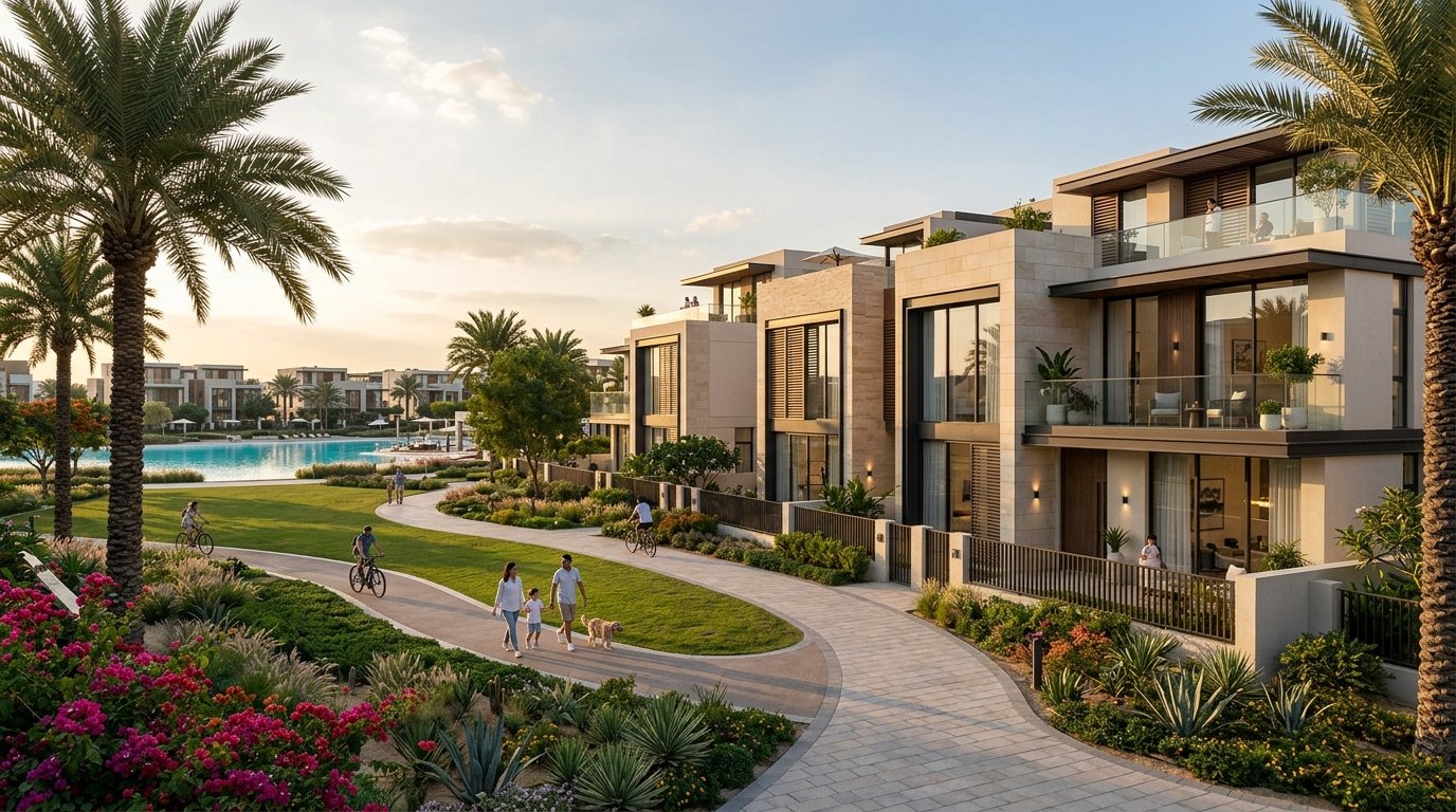 Modern minimalist family townhouses and park in The Valley Phase 2 by Emaar Dubai.