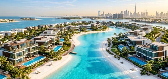 Luxury Dubai villas with private pools and white sand crystal lagoon overlooking modern skyline