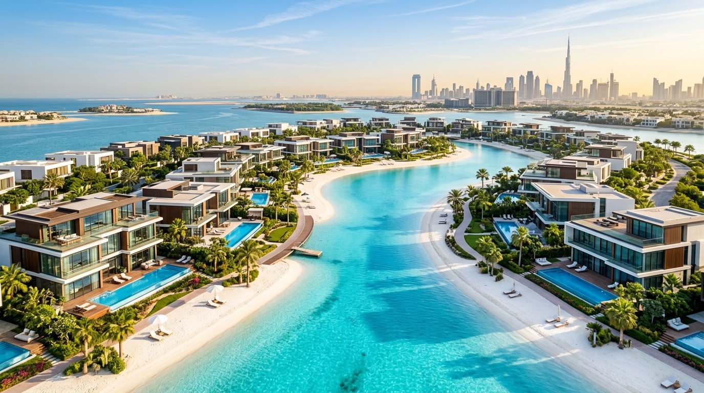 Luxury Dubai villas with private pools and white sand crystal lagoon overlooking modern skyline