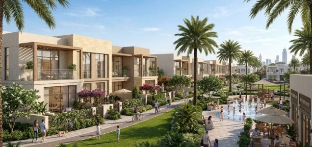 Modern family townhouses and green central park in Town Square Dubai by Nshama under sunny skies.