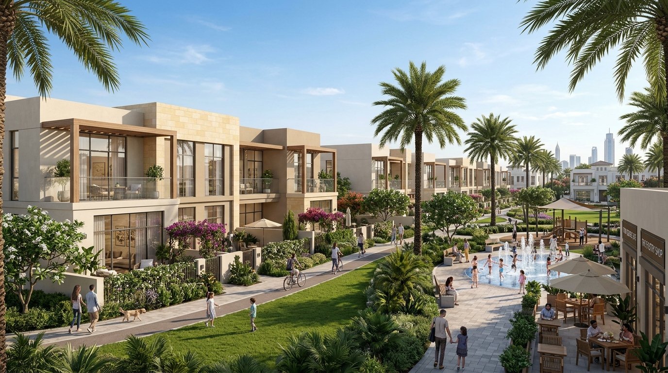 Modern family townhouses and green central park in Town Square Dubai by Nshama under sunny skies.