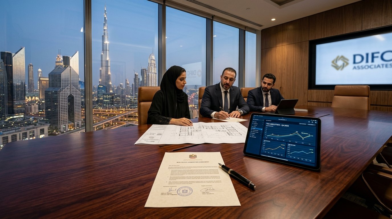 Institutional executive boardroom in DIFC with real estate acquisition legal contracts, architectural blueprints and Burj Khalifa skyline view