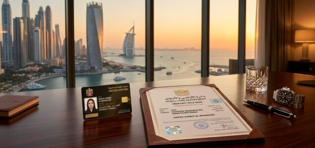 UAE 10-year Golden Visa residency card and official DLD real estate ownership deed on executive desk overlooking Dubai coastline.