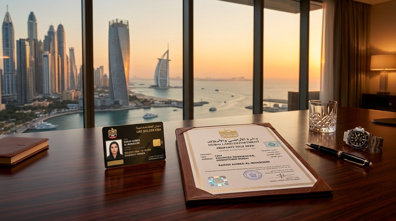 UAE 10-year Golden Visa residency card and official DLD real estate ownership deed on executive desk overlooking Dubai coastline.