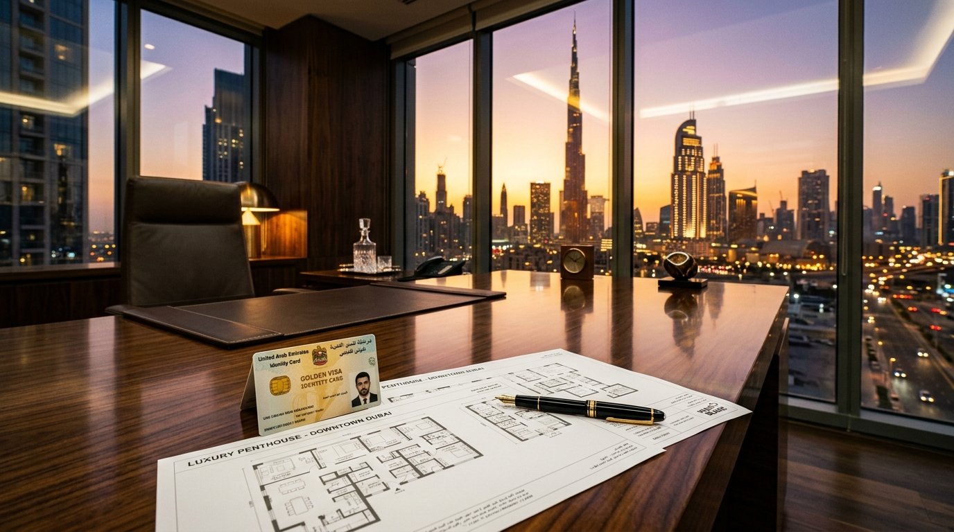 UAE Golden Visa residency card and architectural luxury property floor plans on an executive desk overlooking Downtown Dubai skyline at sunset