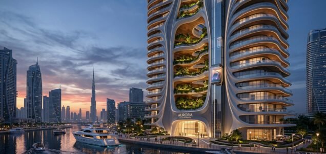 Futuristic branded luxury tower on Dubai Water Canal with car elevator and illuminated sky gardens
