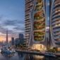 Futuristic branded luxury tower on Dubai Water Canal with car elevator and illuminated sky gardens