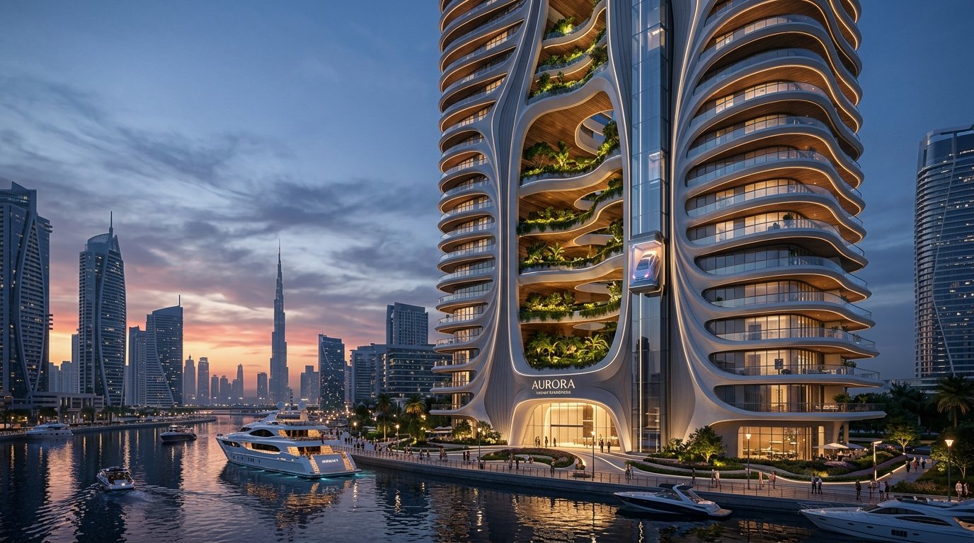 Futuristic branded luxury tower on Dubai Water Canal with car elevator and illuminated sky gardens