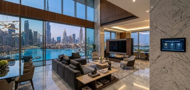 Ultra-modern interior of a newly handed over Dubai luxury apartment with floor-to-ceiling glass and skyline views.