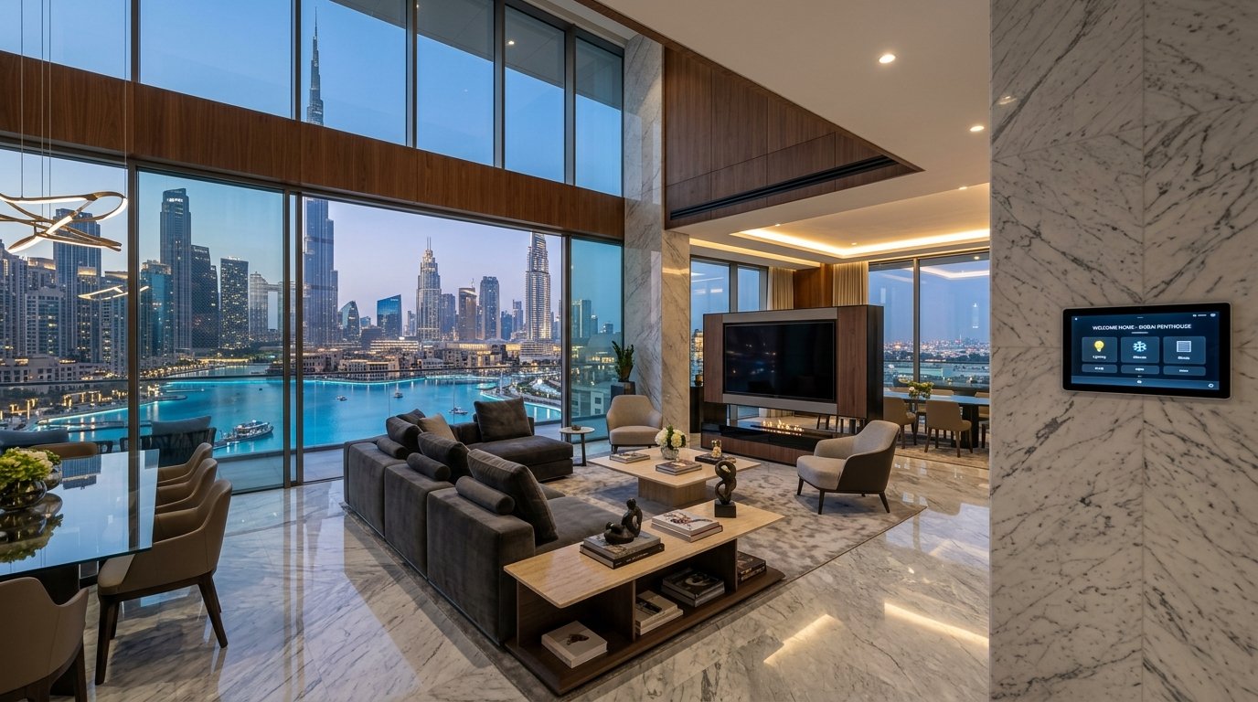 Ultra-modern interior of a newly handed over Dubai luxury apartment with floor-to-ceiling glass and skyline views.