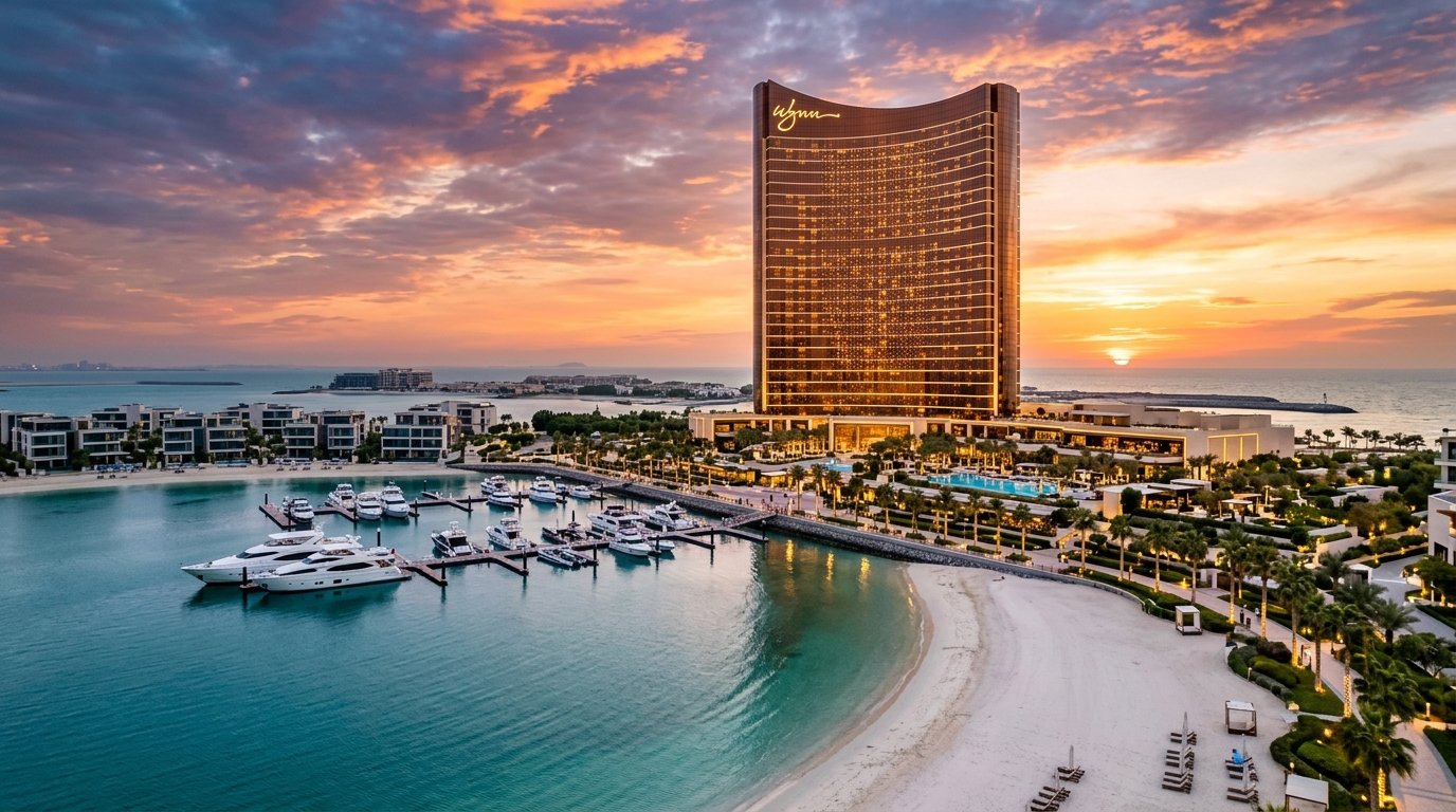 Wynn Al Marjan Island luxury casino resort tower, marina, and beachfront residences at sunset in Ras Al Khaimah